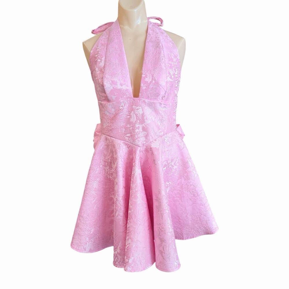 Pink Floral Jacquard Halter Backless Lace-Up Bow Fit & Flare Dress Size XL
